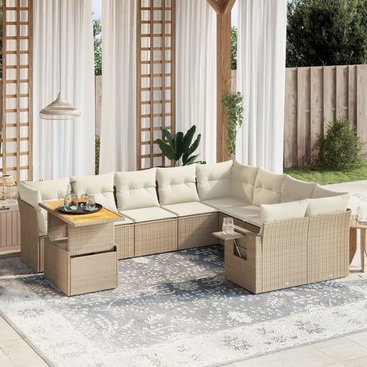 10 pcs conjunto de sofás p/ jardim com almofadões vime PE bege