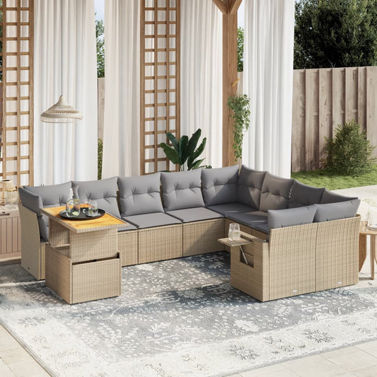 10 pcs conjunto de sofás p/ jardim com almofadões vime PE bege