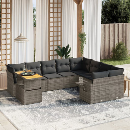 10 pcs conjunto sofás de jardim c/ almofadões vime PE cinzento