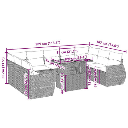 10 pcs conjunto de sofás p/ jardim com almofadões vime PE bege