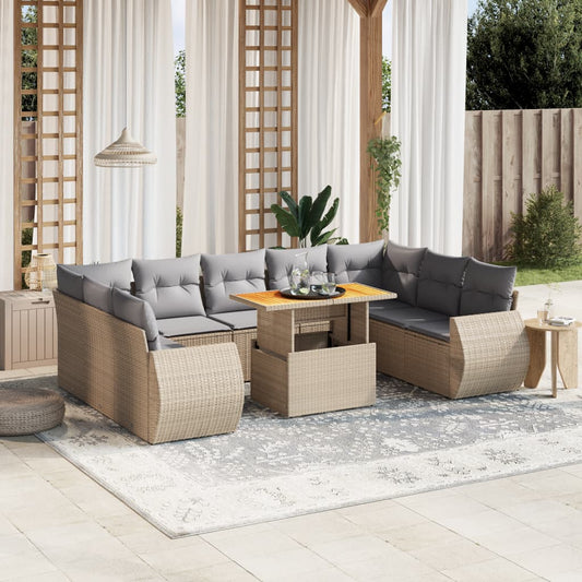 10 pcs conjunto de sofás p/ jardim com almofadões vime PE bege