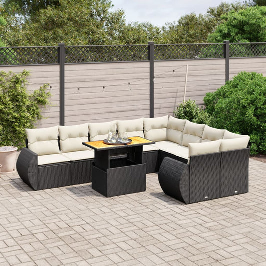 10 pcs conjunto sofás de jardim c/ almofadões vime PE preto