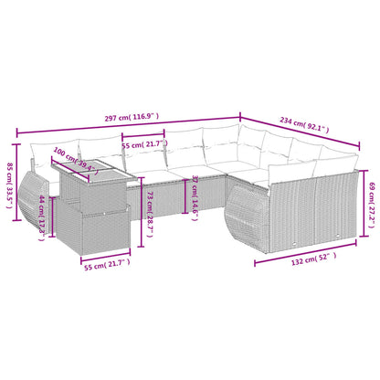 10 pcs conjunto de sofás p/ jardim com almofadões vime PE bege