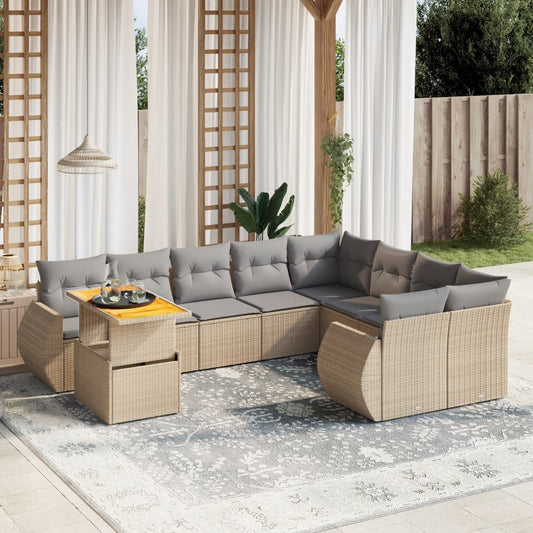 10 pcs conjunto de sofás p/ jardim com almofadões vime PE bege
