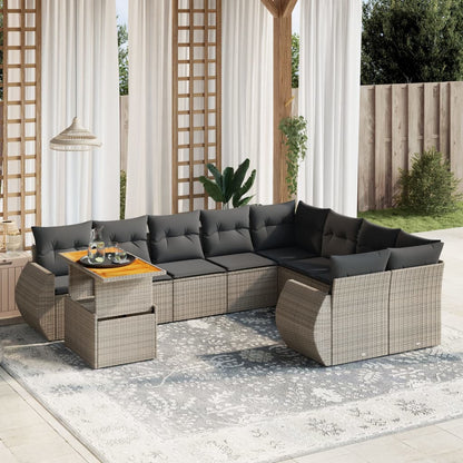 10 pcs conjunto sofás de jardim c/ almofadões vime PE cinzento