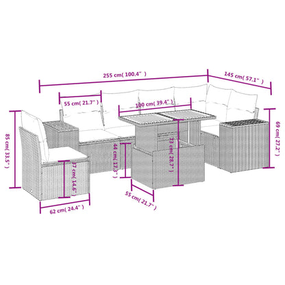 7 pcs conjunto de sofás p/ jardim com almofadões vime PE bege