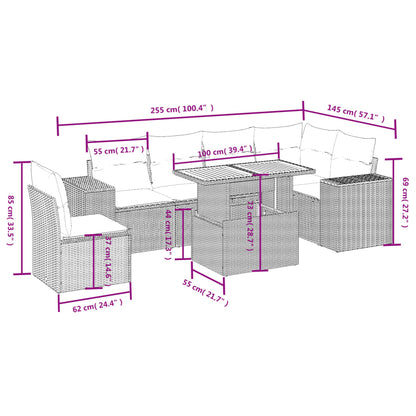 7 pcs conjunto de sofás p/ jardim com almofadões vime PE bege