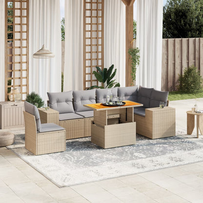 7 pcs conjunto de sofás p/ jardim com almofadões vime PE bege