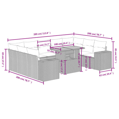 10 pcs conjunto de sofás p/ jardim com almofadões vime PE bege