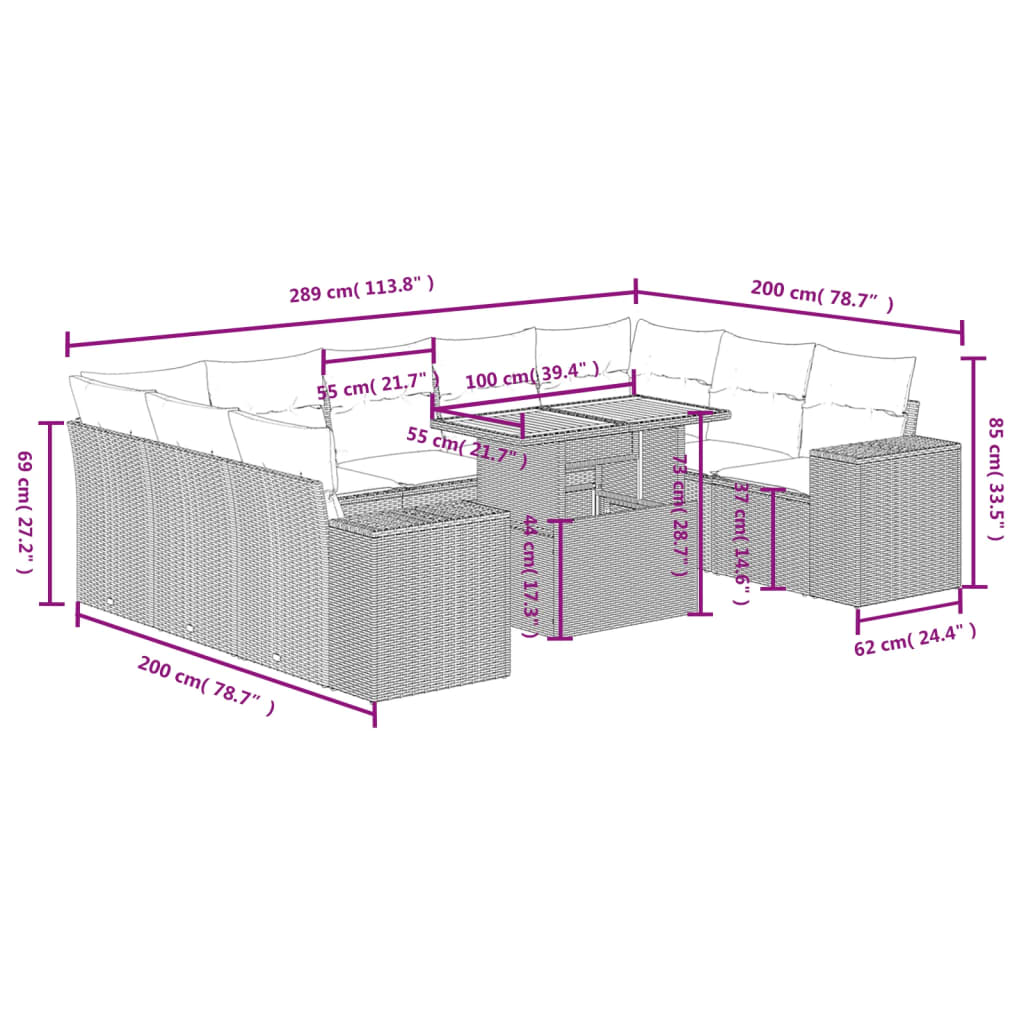 10 pcs conjunto de sofás p/ jardim com almofadões vime PE bege