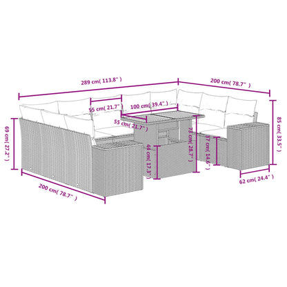 10 pcs conjunto sofás de jardim c/ almofadões vime PE cinzento