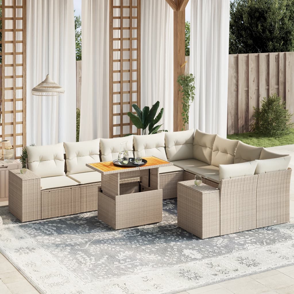10 pcs conjunto de sofás p/ jardim com almofadões vime PE bege