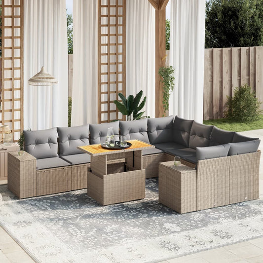 10 pcs conjunto de sofás p/ jardim com almofadões vime PE bege