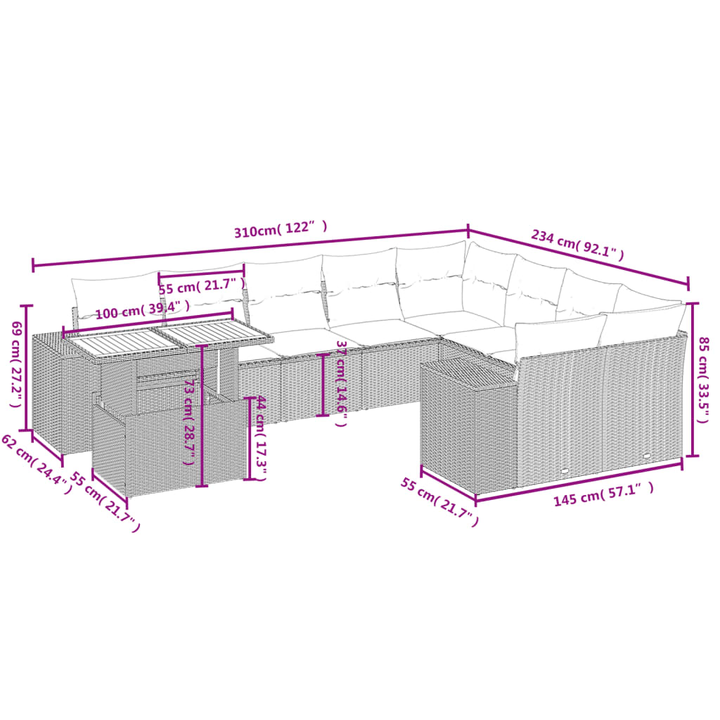 10 pcs conjunto de sofás p/ jardim com almofadões vime PE bege