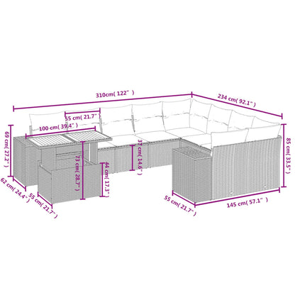 10 pcs conjunto de sofás p/ jardim com almofadões vime PE bege