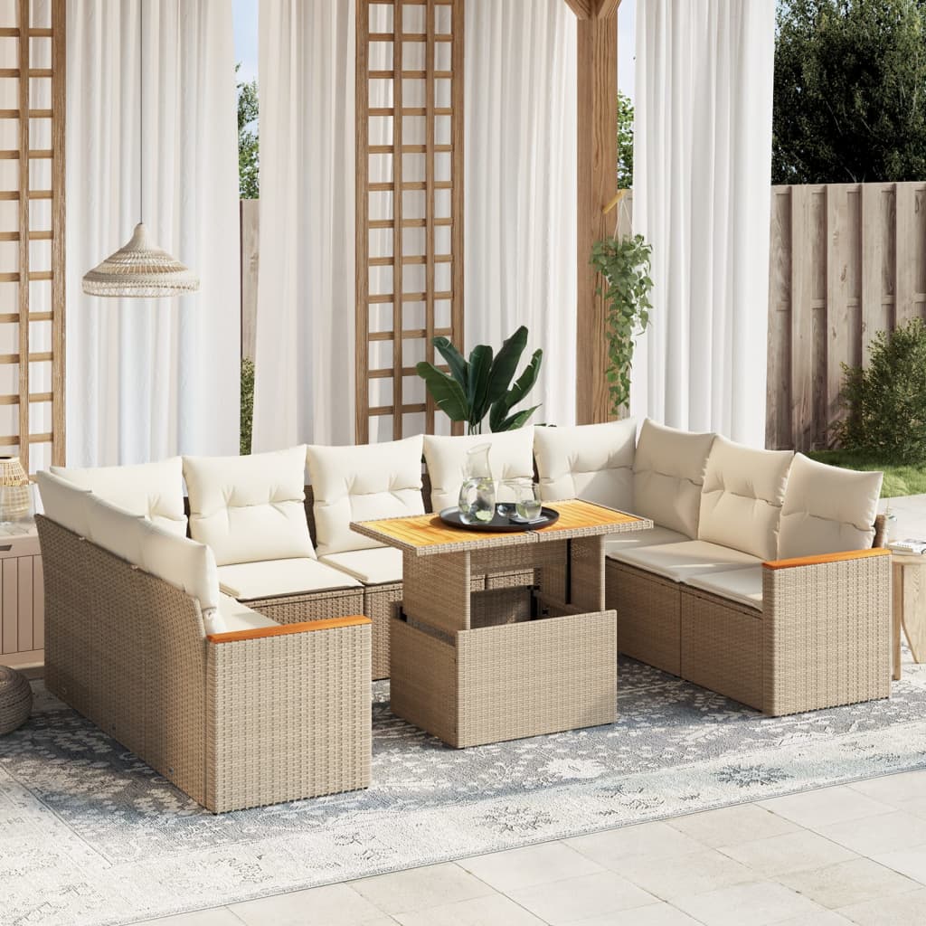 10 pcs conjunto de sofás p/ jardim com almofadões vime PE bege