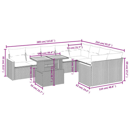 10 pcs conjunto sofás de jardim c/ almofadões vime PE preto