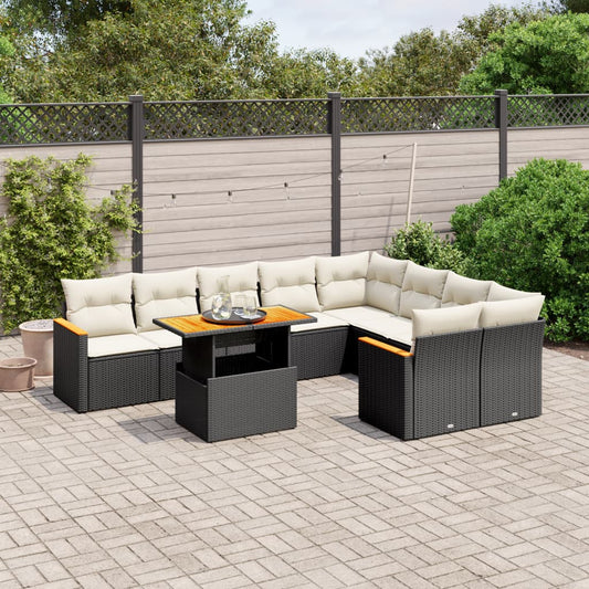 10 pcs conjunto sofás de jardim c/ almofadões vime PE preto