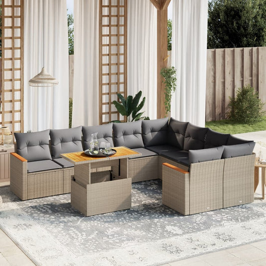 10 pcs conjunto de sofás p/ jardim com almofadões vime PE bege