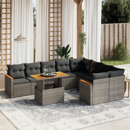 10 pcs conjunto sofás de jardim c/ almofadões vime PE cinzento
