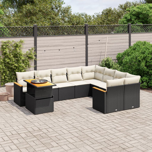 10 pcs conjunto sofás de jardim c/ almofadões vime PE preto