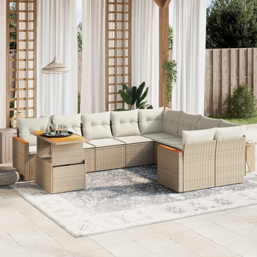 10 pcs conjunto de sofás p/ jardim com almofadões vime PE bege
