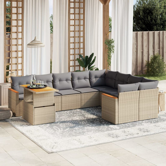 10 pcs conjunto de sofás p/ jardim com almofadões vime PE bege