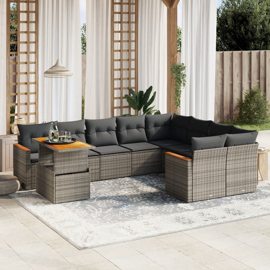 10 pcs conjunto sofás de jardim c/ almofadões vime PE cinzento