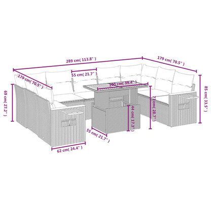 10 pcs conjunto sofás de jardim c/ almofadões vime PE preto