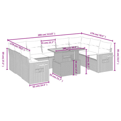 10 pcs conjunto sofás de jardim c/ almofadões vime PE preto