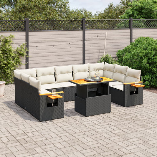 10 pcs conjunto sofás de jardim c/ almofadões vime PE preto