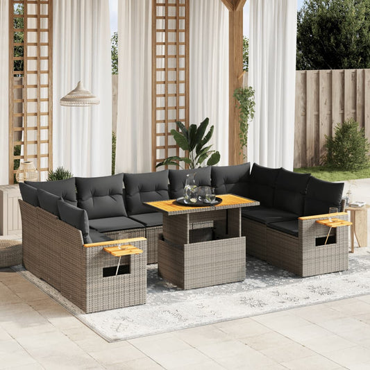10 pcs conjunto sofás de jardim c/ almofadões vime PE cinzento