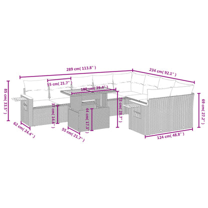 10 pcs conjunto de sofás p/ jardim com almofadões vime PE bege
