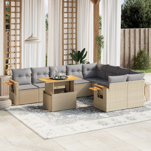 10 pcs conjunto de sofás p/ jardim com almofadões vime PE bege