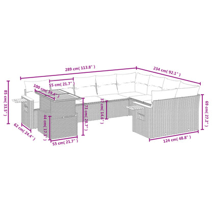 10 pcs conjunto sofás de jardim c/ almofadões vime PE preto