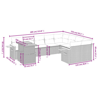 10 pcs conjunto de sofás p/ jardim com almofadões vime PE bege