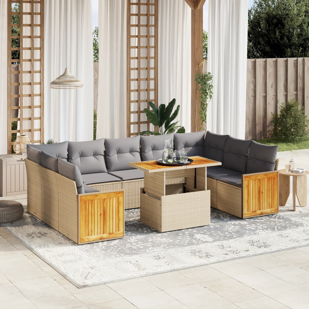 10 pcs conjunto de sofás p/ jardim com almofadões vime PE bege