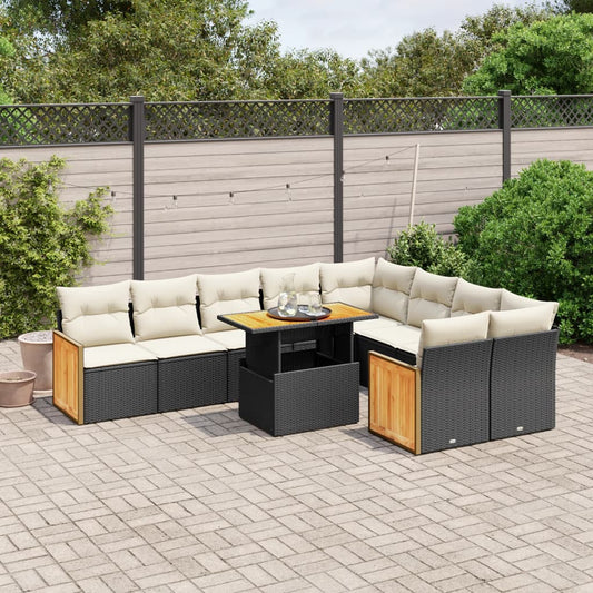10 pcs conjunto sofás de jardim c/ almofadões vime PE preto