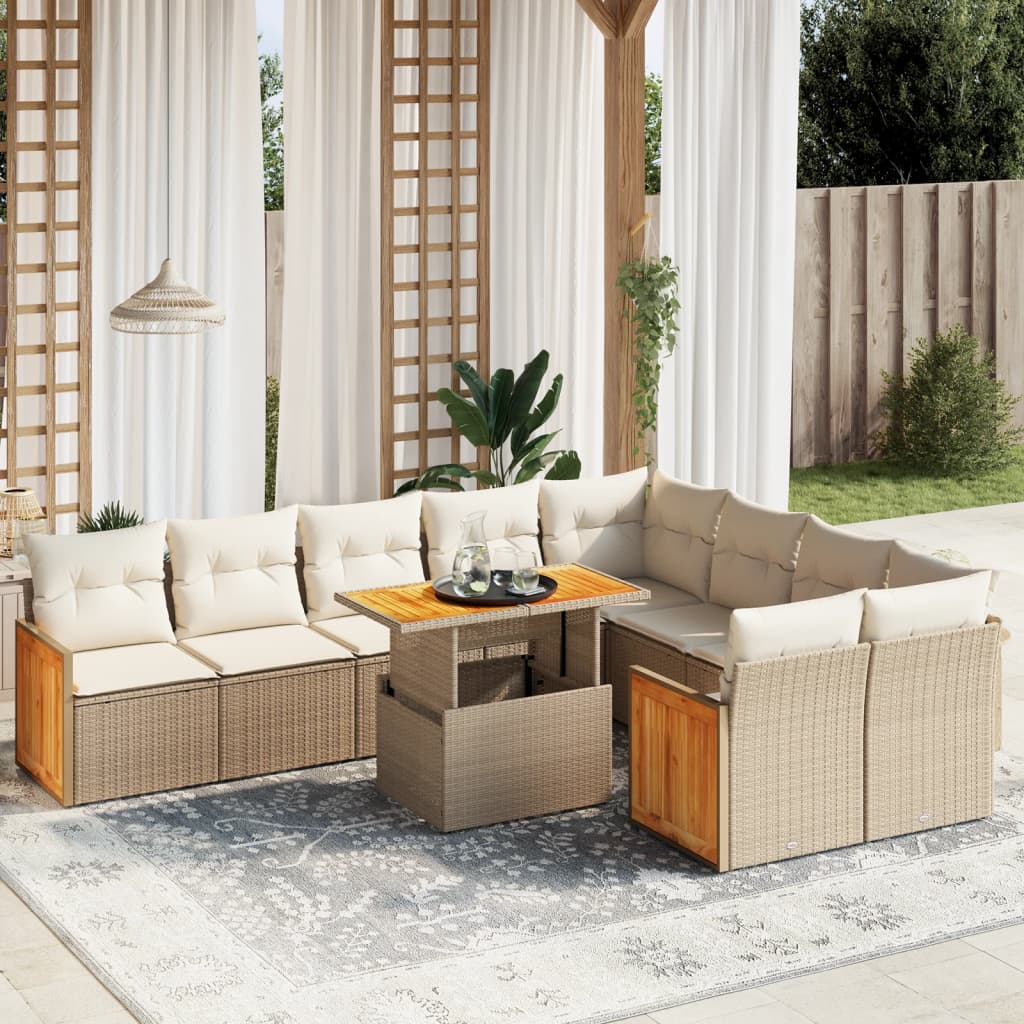 10 pcs conjunto de sofás p/ jardim com almofadões vime PE bege