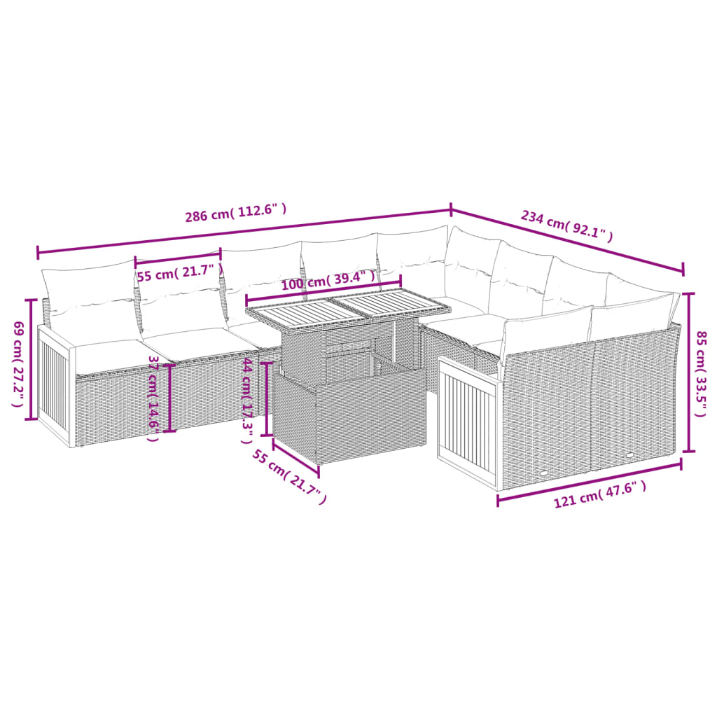 10 pcs conjunto de sofás p/ jardim com almofadões vime PE bege