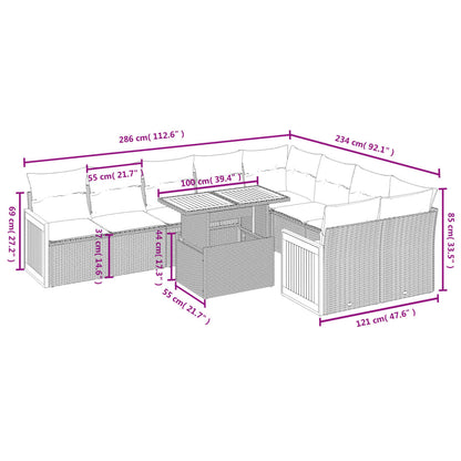 10 pcs conjunto sofás de jardim c/ almofadões vime PE cinzento