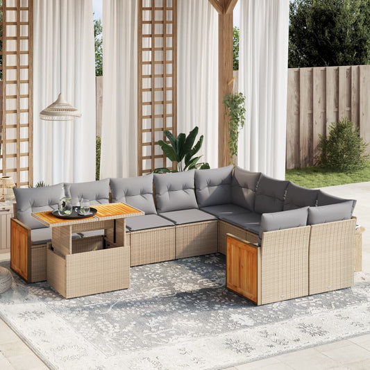 10 pcs conjunto de sofás p/ jardim com almofadões vime PE bege
