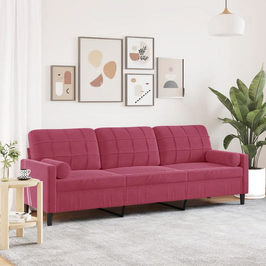 3-seater sofa + decorative cushions 210cm in red velvet
