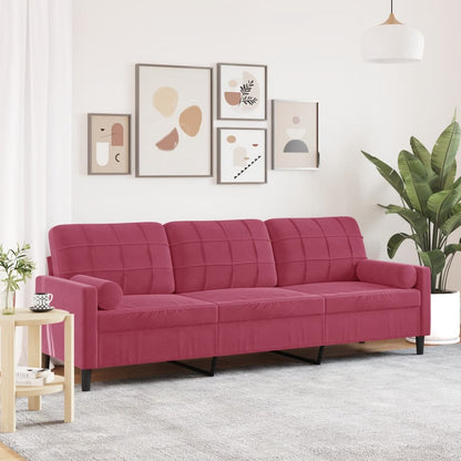 3-seater sofa + decorative cushions 210cm in red velvet