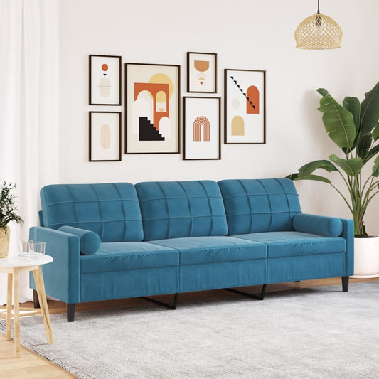 3-seater sofa with decorative cushions 210 cm blue velvet