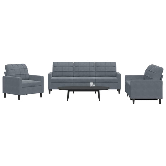 3 pcs conjunto de sofás com almofadões veludo cinzento-escuro