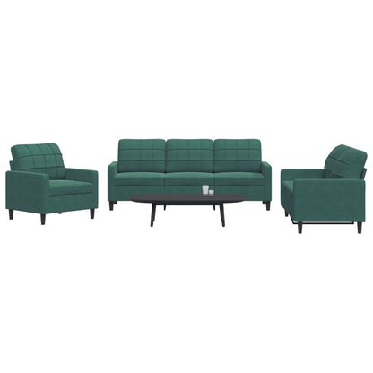 3 pcs conjunto de sofás com almofadões veludo verde-escuro