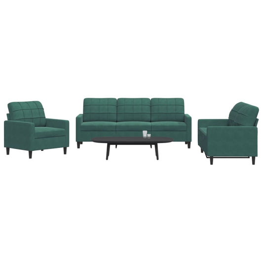 3 pcs conjunto de sofás com almofadões veludo verde-escuro