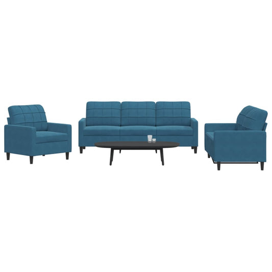 3 pcs conjunto de sofás com almofadões veludo azul