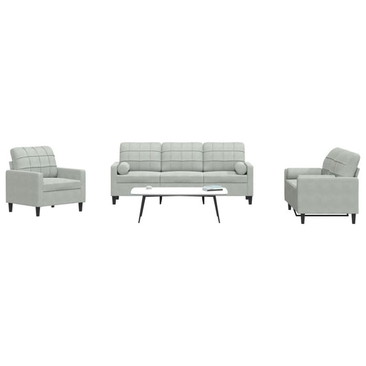 3 pcs conjunto sofás com almofadões e rolos veludo cinza-claro